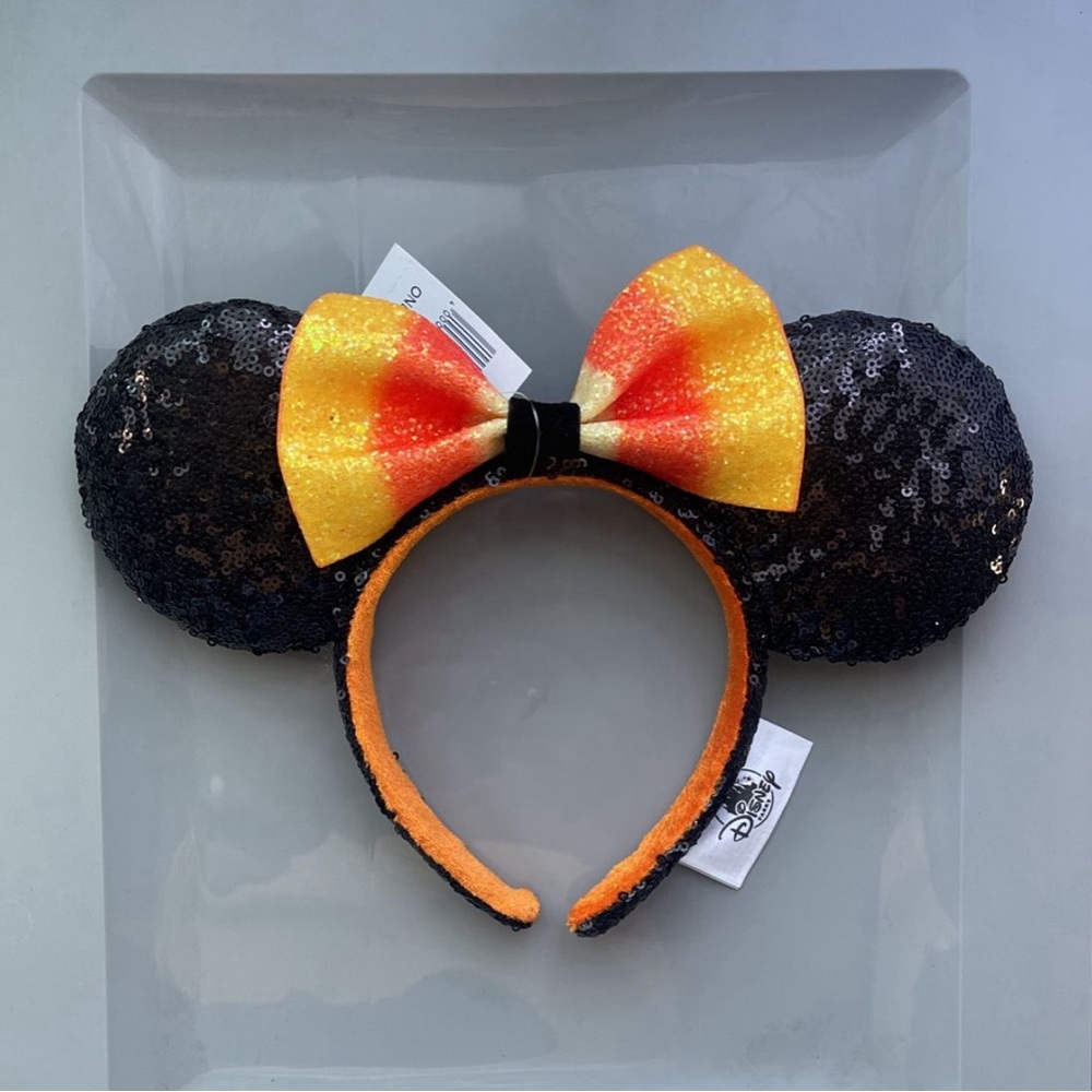 New! Disney Candy Corn Sequin Mouse Ears with Yellow and Orange Bow